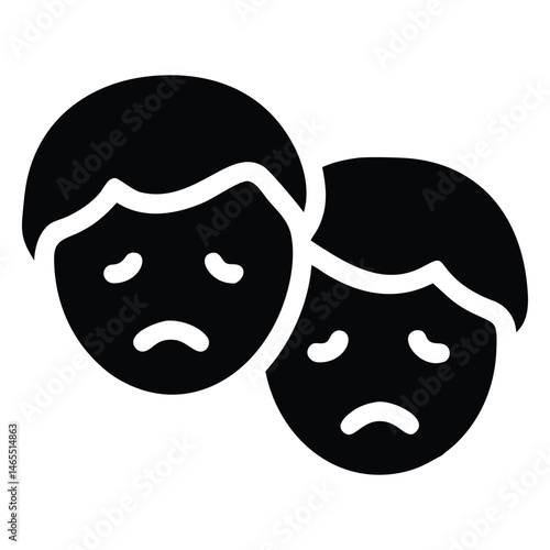 Two minimalistic black faces express grief with downturned mouths and sad eyes