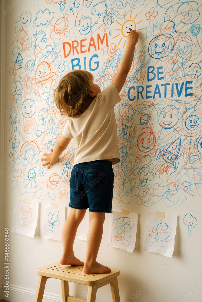 A young child standing on a stool draws on a wall filled with colorful doodles and motivational words like