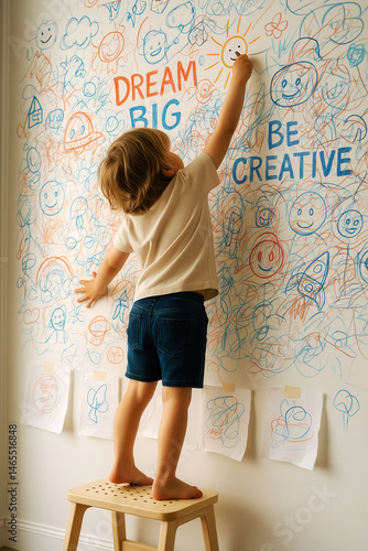 Obraz na płótnie A young child standing on a stool draws on a wall filled with colorful doodles and motivational words like