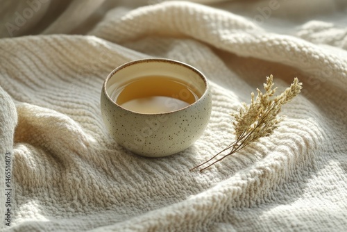 A cup of tea rests on a cozy beige knit fabric, accompanied by dried flowers, creating a serene and calming scene.
