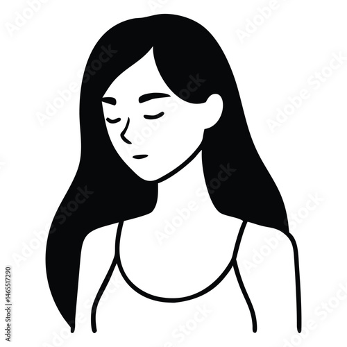Woman with long hair and closed eyes is posing peacefully in a simple tank top