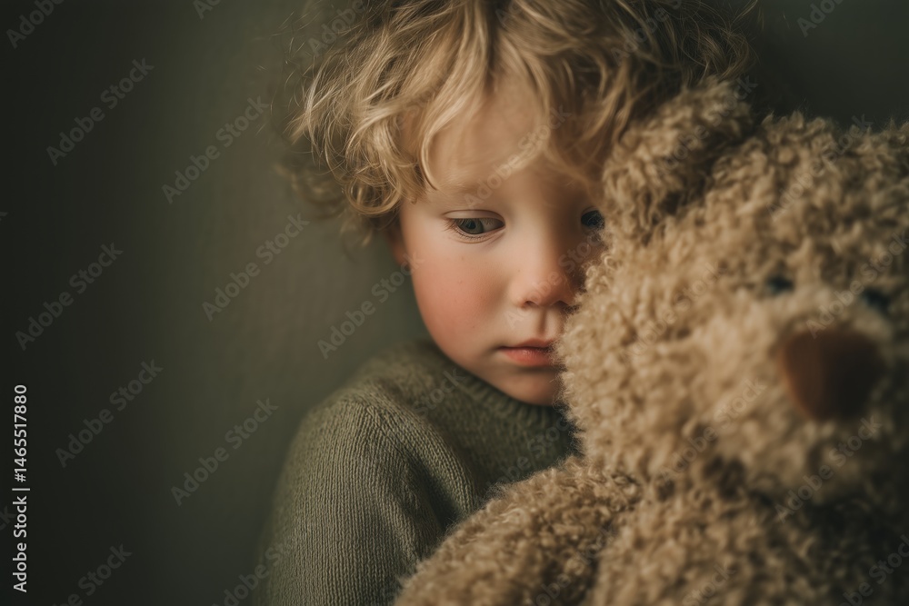 Adorable toddler cuddling plush teddy bear in warm light
Adorable toddler cuddling plush teddy bear in warm light