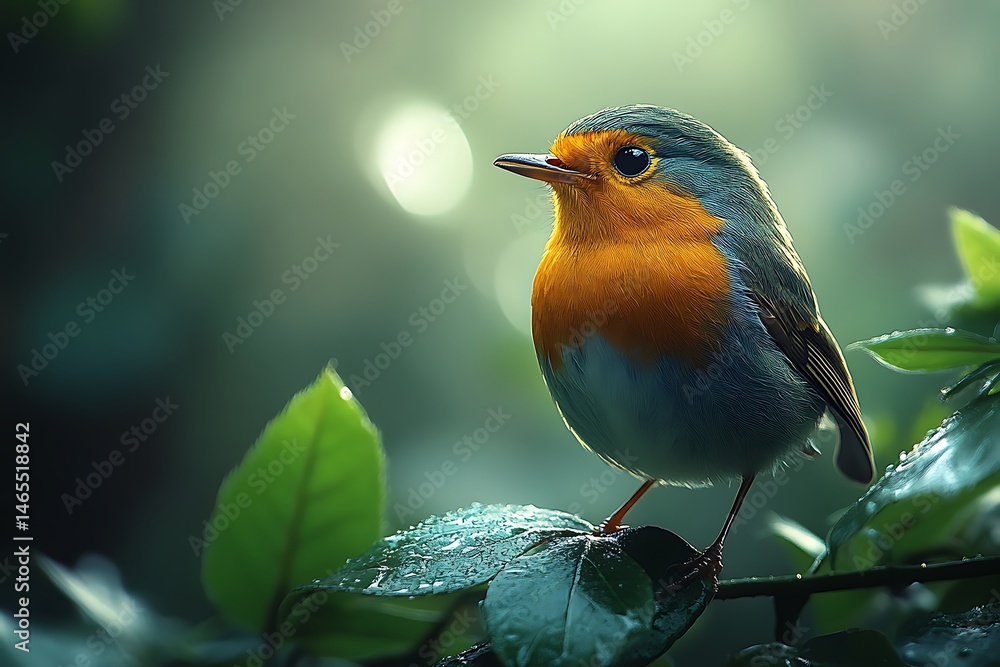 Fototapeta premium A robin perched serenely amidst lush greenery.