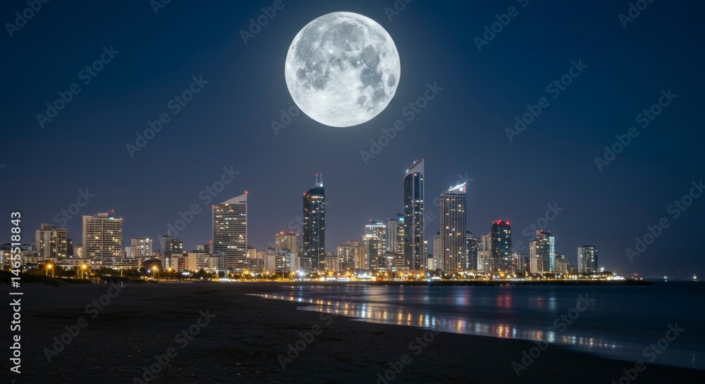 Fototapeta premium Night city skyline with full moon over beach