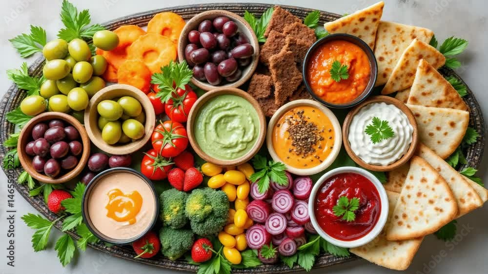 Delicious assortment of food, A vibrant platter featuring assorted dips, fresh vegetables, fruits, and pita bread, perfect for sharing and enjoying healthy snacks. Delicious assortment of food, A vibrant platter featuring assorted dips, fresh vegetables, fruits, and pita bread, perfect for sharing and enjoying healthy snacks.