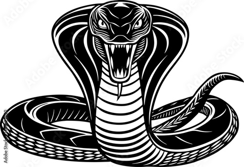 coiled cobra with its hood flared, showcasing classic artistic style and intricate line work sketch Linocut vector