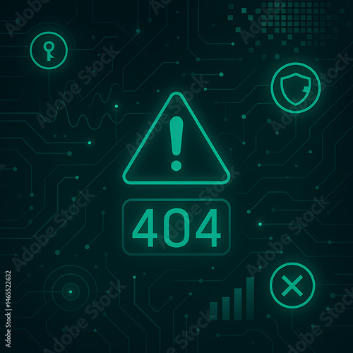 Vector-style digital illustration of a futuristic cyber warning interface, featuring a glowing 404 error, alert triangle, and security icons on a dark circuit-themed background. Ideal for illustrating