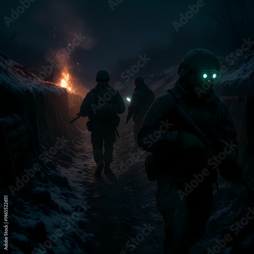 Atmospheric nighttime photo of unidentified modern soldiers navigating a snow-covered trench. The scene is lit by firelight and night vision goggles, creating a dramatic contrast in a cold, silent bat