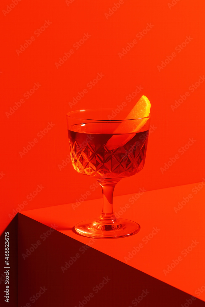A crystal glass with a cocktail and an orange garnish is placed on an orange surface and shot against an orange background.