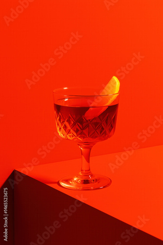 A crystal glass with a cocktail and an orange garnish is placed on an orange surface and shot against an orange background.