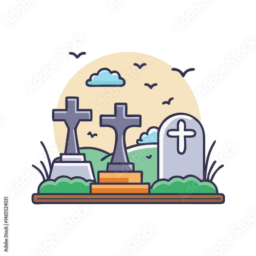Cemetery illustration with tombstones crosses and birds vector graphic graveyard scene spooky art
