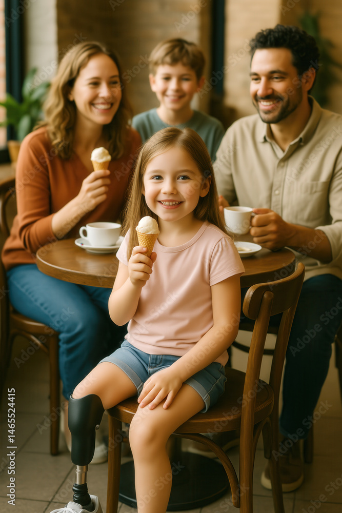 Young girl with a prosthetic leg enjoying ice cream with her family at a cafe table, highlighting inclusion and joyful family moments.