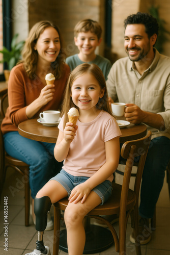 Young girl with a prosthetic leg enjoying ice cream with her family at a cafe table, highlighting inclusion and joyful family moments.