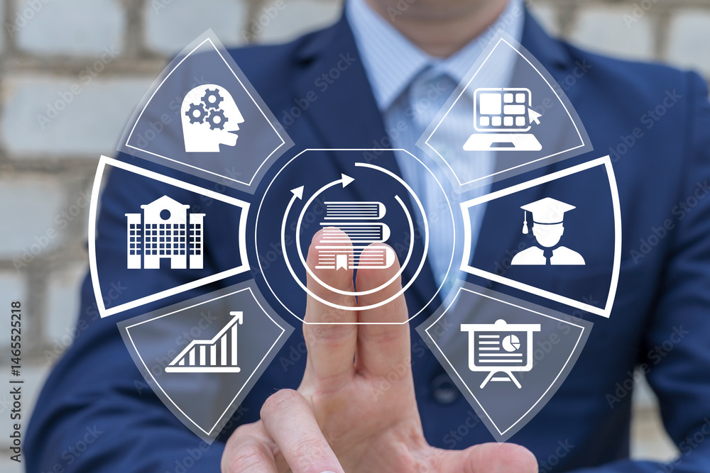 Person using virtual touch screen push button symbolizing education: books with round arrows. Education and business concept.