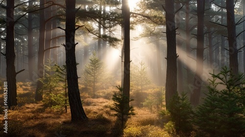 Sunbeams piercing misty forest