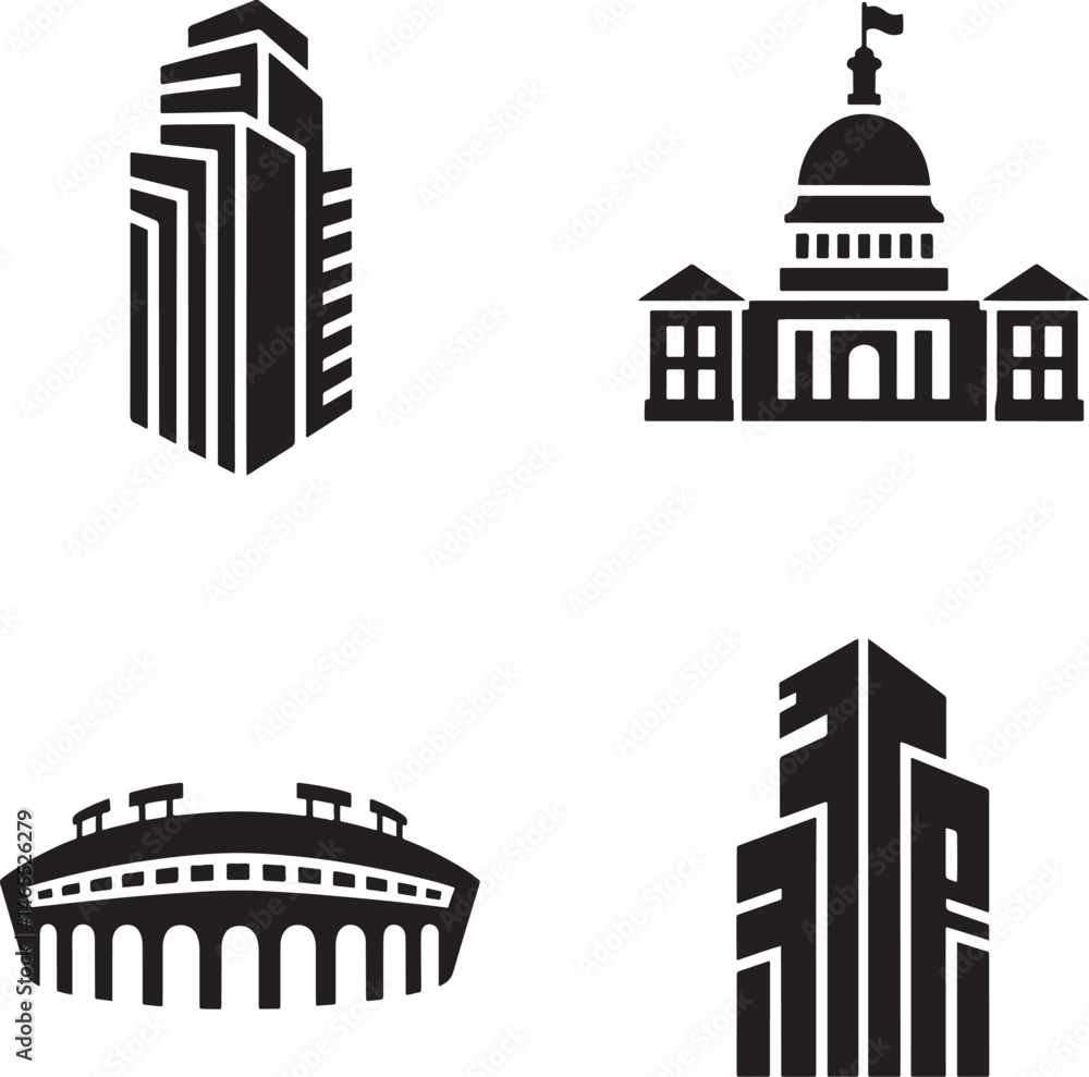 Fototapeta premium Big Building silhouette set vector illustration isolated On Transparent Background