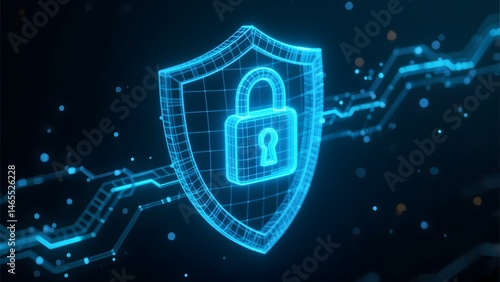 A glowing blue wireframe shield with a padlock on a dark background with circuit board lines