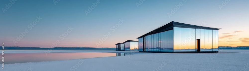 Mirrored Pavilions on Salt Flats at Sunset,Architecture,Reflection Mirrored Pavilions on Salt Flats at Sunset,Architecture,Reflection