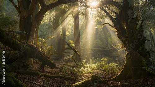 Sunlight filters through mystical forest