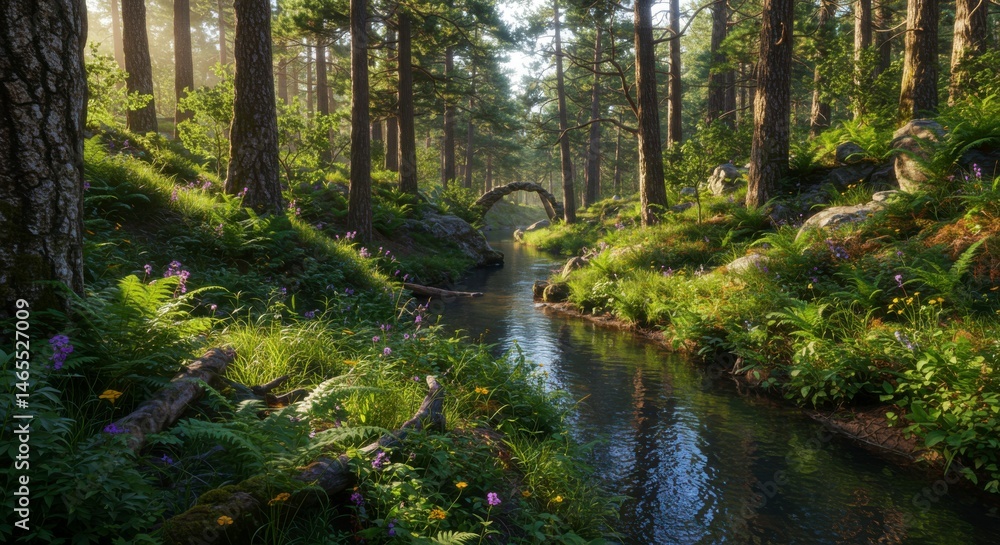 Fototapeta premium Lush forest stream scene