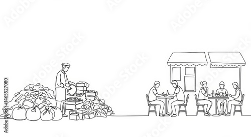 One line art depicting economic disparity, food waste and social contrast scenes
