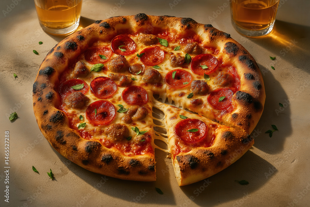 A delicious pizza topped with pepperoni and sausage, served with two glasses of beer on a rustic table.