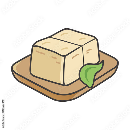 Cartoon tofu block on wooden plate with garnish illustration for asian cuisine recipes
