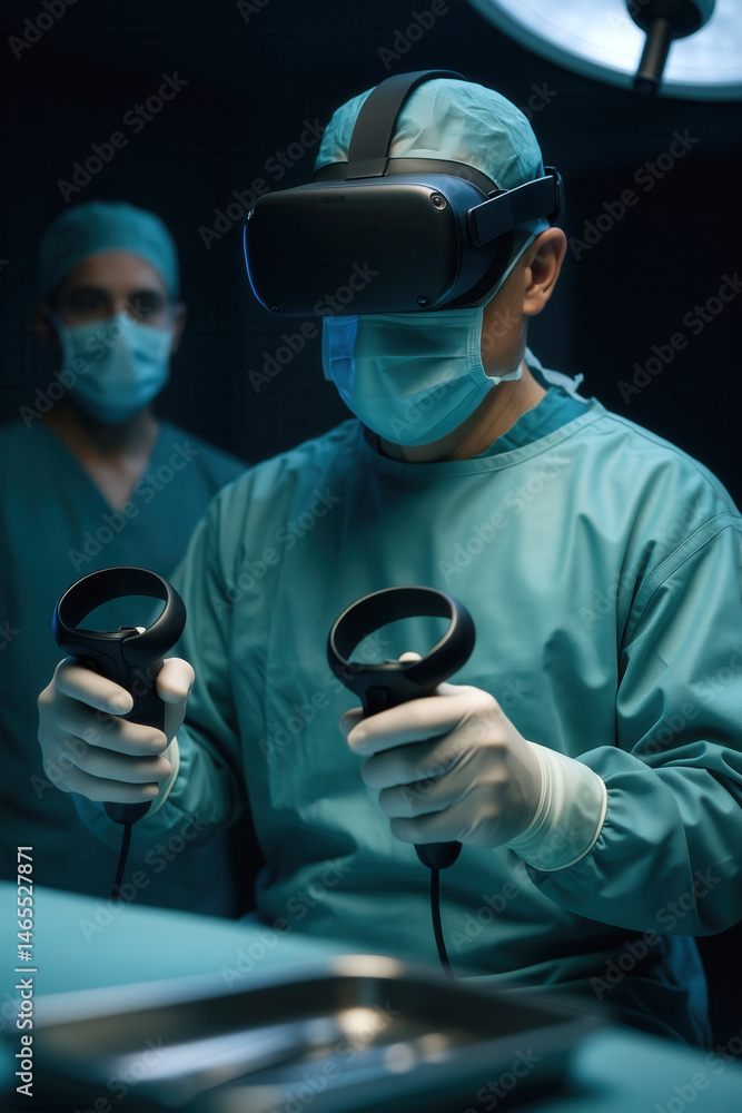 Surgeon wearing virtual reality headset and gloves operates with VR controllers in a modern medical environment.