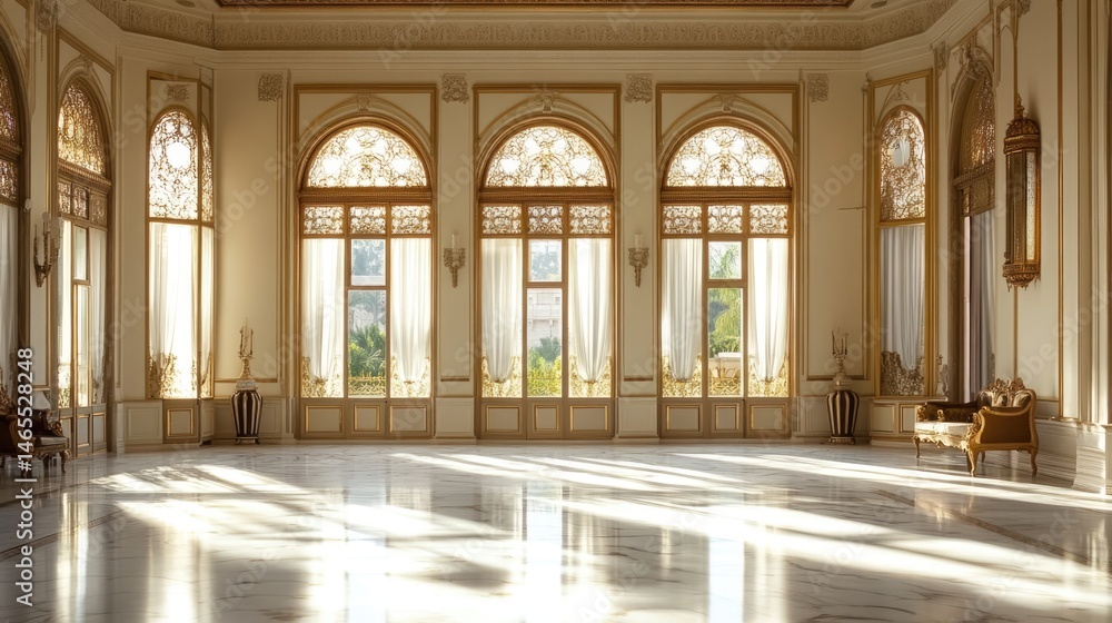 Fototapeta premium Sunlit Grand Palace Ballroom with Ornate Windows and Marble Floor