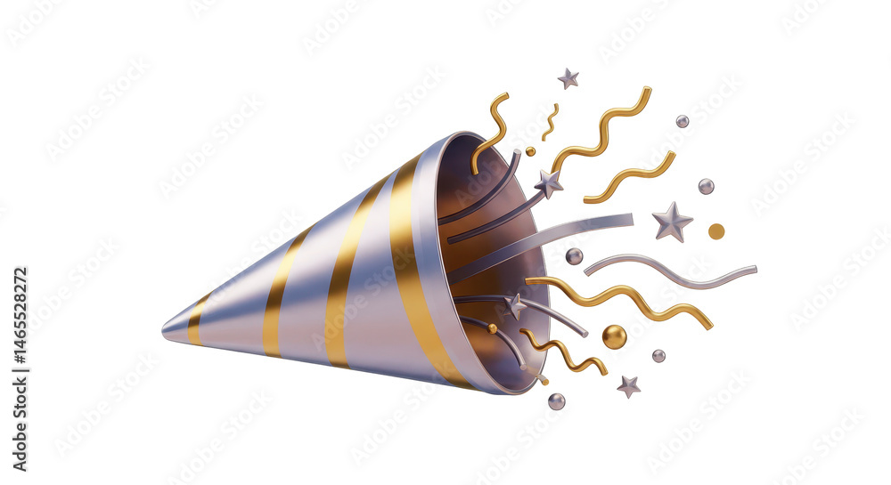 Fototapeta premium Isolated Party Popper with Golden Confetti Explosion