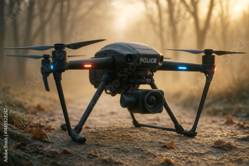 A police surveillance drone equipped with a camera is positioned on a forest pathway during early morning with soft sunlight filtering through the trees.