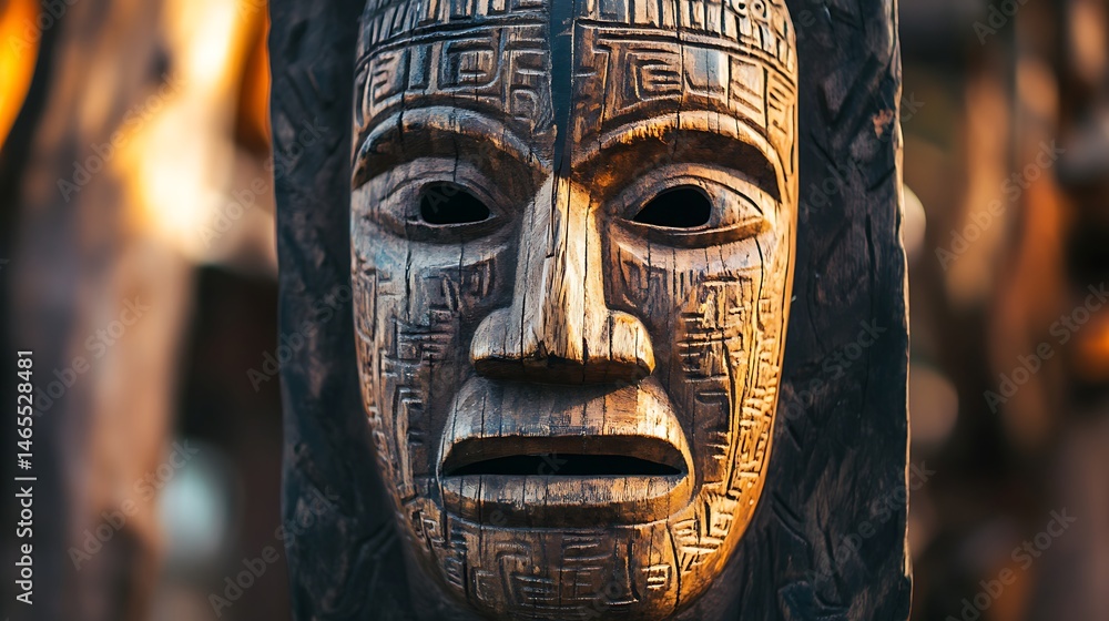 Close-up view of a carved wooden tribal mask. Close-up view of a carved wooden tribal mask.