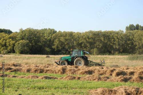 a tractor with a hay rake is making rows of hay in a meadow in a nature reserve in the dutch countryside in summer