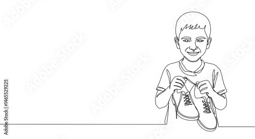 Minimalist line art showing the joy of a child receiving donated school shoes