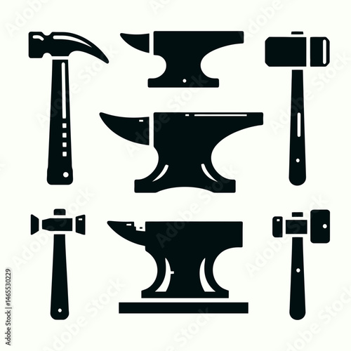 Blacksmith Anvil  Lump Hammer Silhouettes in black on a white background 