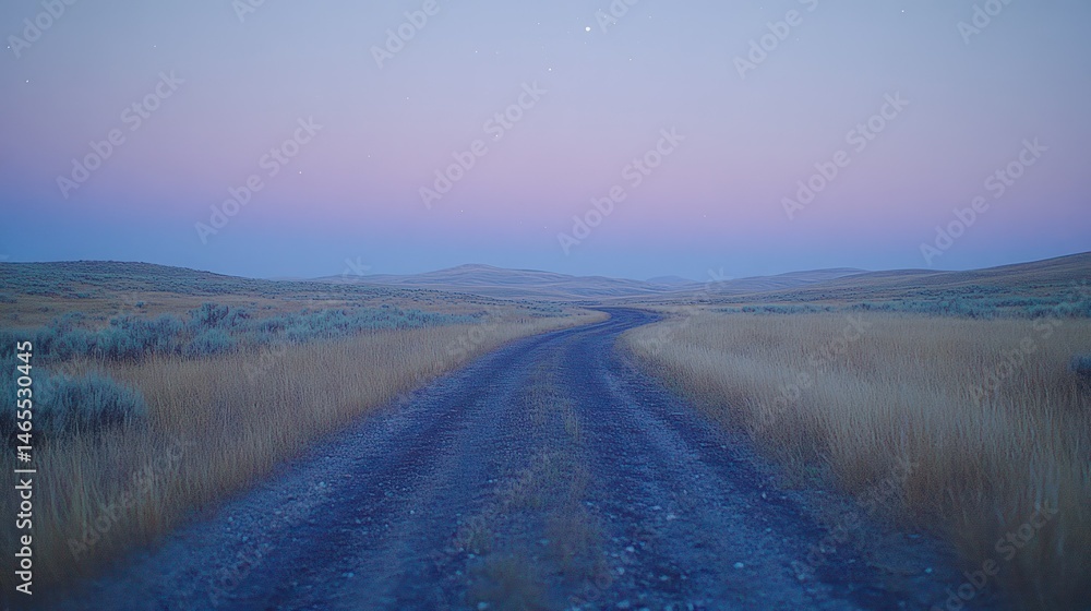 Fototapeta premium Dusty road stretches into a pale twilight landscape