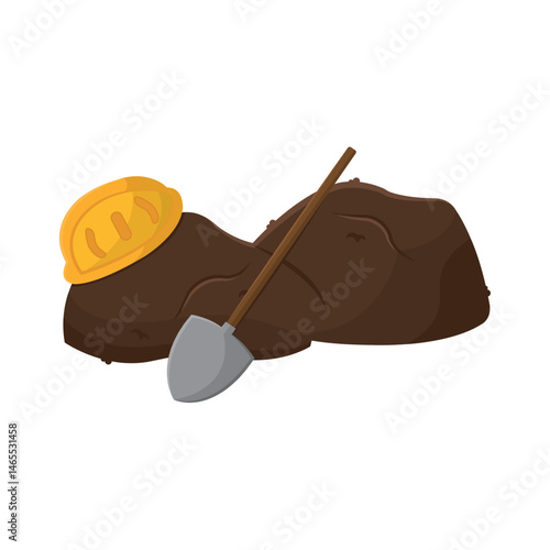 Shovel and helmet on soil. Vector