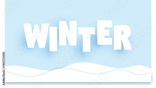 Winter text letters calligraphy on blue sky background Paper art and craft style vector illustration, hello happy winter scene, Holiday greeting, Winter landscape Paper art design, Blue winter sky gre