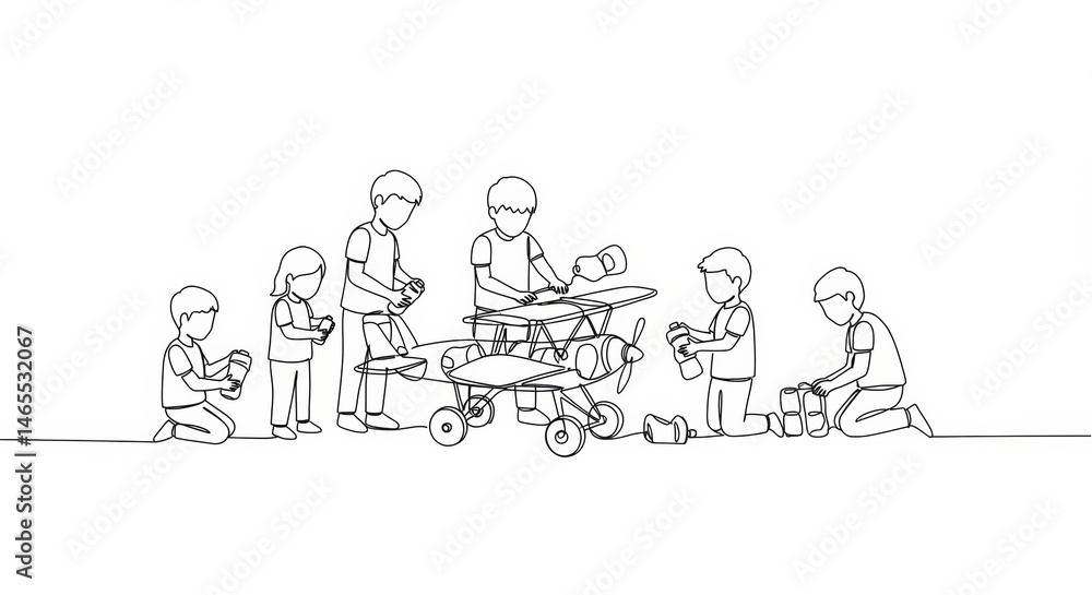 Continuous Line Art: Children Constructing Toy Airplane from Recycled Materials Continuous Line Art: Children Constructing Toy Airplane from Recycled Materials