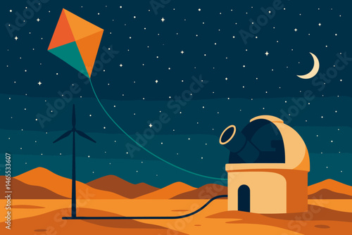 Flat science‑tech scene with kite cable, observatory dome, and Milky Way