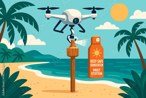 Flat health‑tech scene with drone posts, blue shade, and palm shore