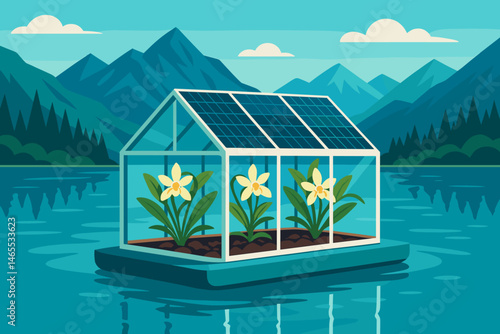 Flat ag‑tech scene with PV pontoons, orchid vines, and teal peaks