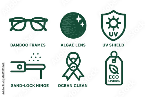 Sunglass‑eco icons showing frame, glimmer, badge, hinge, ribbon, tag
