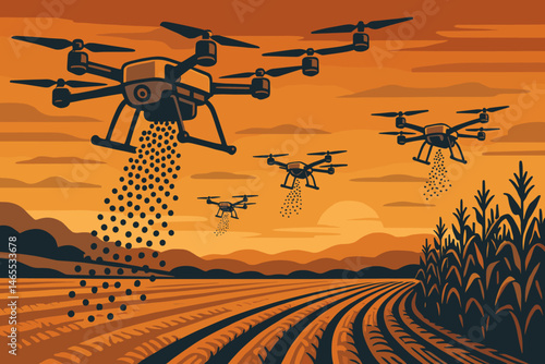 Flat regenerative‑ag scene with pellet trails, drones, and amber horizon