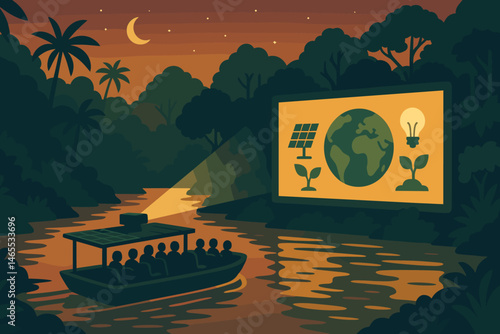 Flat culture‑green scene with PV raft screen, jungle silhouettes, and purple sky