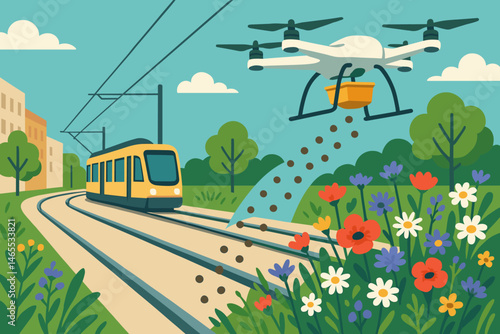 Flat city‑green scene with seed droplet trails, tram rails, and blossoms
