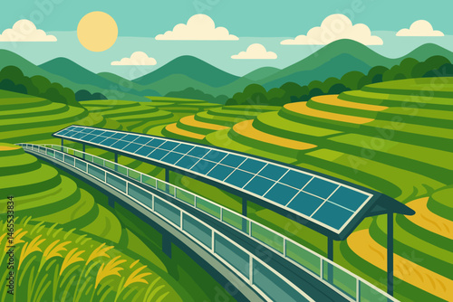 Flat clean‑mobility scene with PV canopy, moving belts, and golden rice