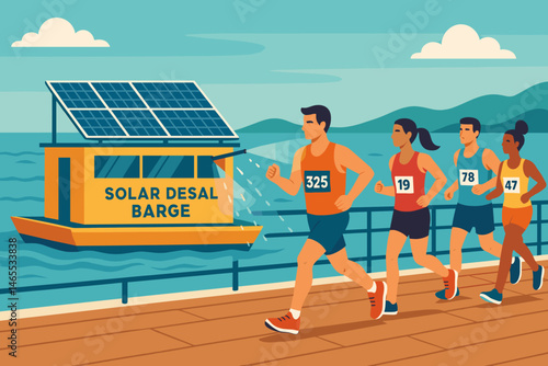 Flat sport‑tech scene with PV roof, mist fans, runners, and sea breeze