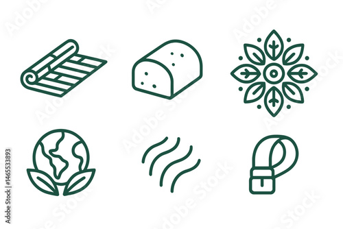 Yoga‑eco icons linking mat, curve, mandala, badge, wave, loop