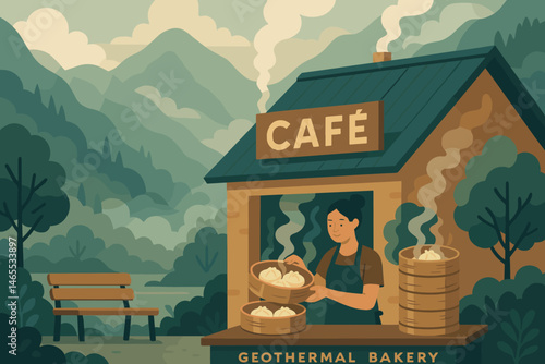 Flat food‑tech scene with white buns, vapor plumes, and valley mist
